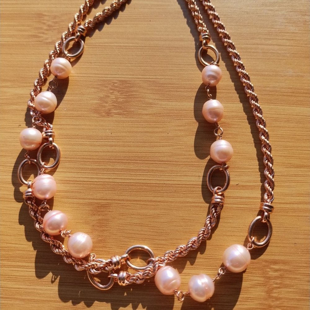 Honora Bronze Italy Genuine Pink Pearl Necklace, Rose Gold Finish, 36" Long. - Picture 5 of 14